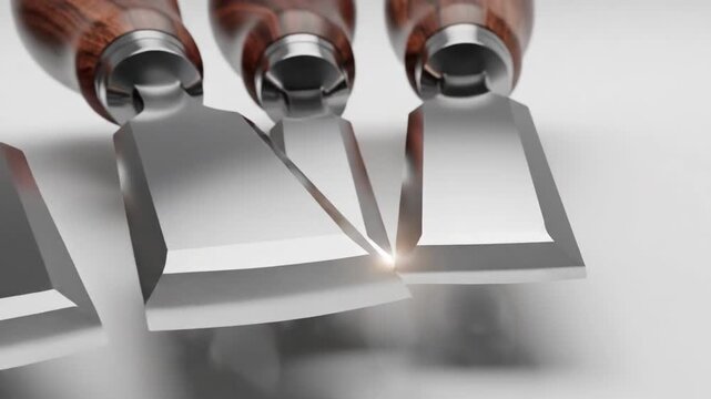 Group of woodworking chisels with polished metal blades and wooden handles