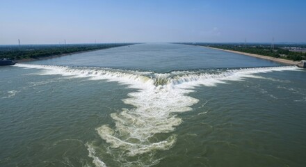 Fototapeta premium Aerial view of a large dam spilling water into a river. A wide river channel is split by a dam, creating a V-shaped outflow of water.