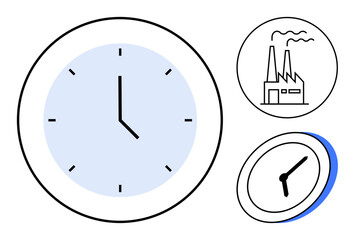 Blue-faced analog clock and factory with chimneys emitting smoke, representing productivity, efficiency, and industrial chronology. Ideal for time tracking, organization, manufacturing, scheduling