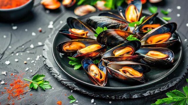 Mussels Culinary Presentation: A culinary display of succulent, steamed mussels, beautifully arranged on a dark plate, their vibrant orange flesh contrasting with the deep shells.