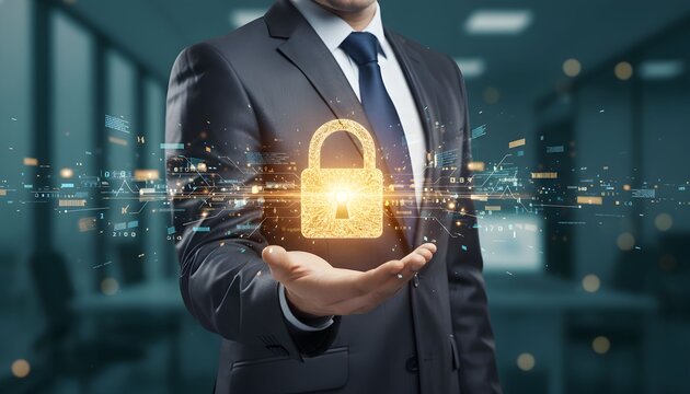 Businessman in a suit holding a glowing digital padlock icon, symbolizing cybersecurity and data protection.
