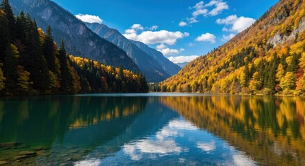 Fototapeta premium Autumnal lake nestled in a mountain valley. Colorful foliage mi