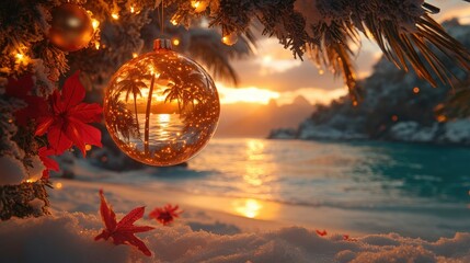 A vibrant Christmas ball reflects in a calm ocean, set against a stunning sunset backdrop with palm trees.  A surreal and festive scene.