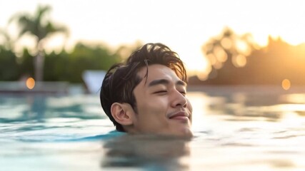 A serene asian man enjoying a swim and basking in the sunset's golden glow at leisure