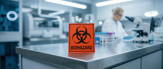 Prominent biohazard warning sign on a lab counter with a scientist working on experiments in a sterile, modern laboratory environment.