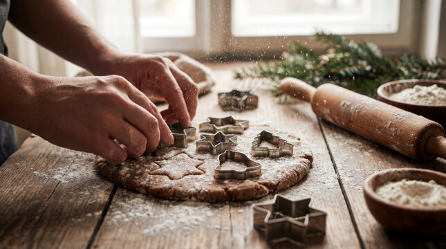 Cookie dough being shaped with Christmas-themed cutters on a floured surface. Warm lighting and rustic textures create a festive baking mood.