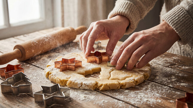 Cookie dough being shaped with Christmas-themed cutters on a floured surface. Warm lighting and rustic textures create a festive baking mood.