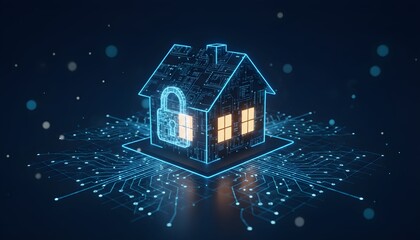 Digital home security concept with glowing house and padlock.