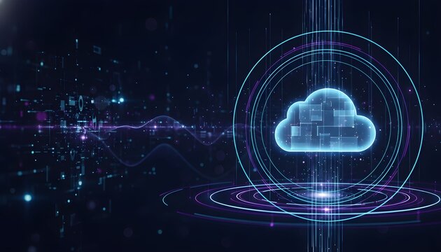 Futuristic digital cloud computing icon with abstract data streams and network connections.