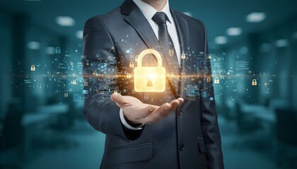 Businessman in a suit holding a glowing padlock, symbolizing data security and protection.