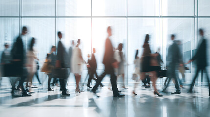 Des personnes marchent dans un b&acirc;timent avec un effet de flou.