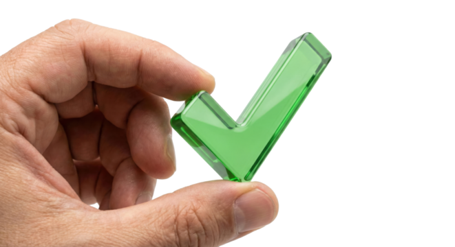 Hand Holding Green Glass Check Mark Symbol Approval Success