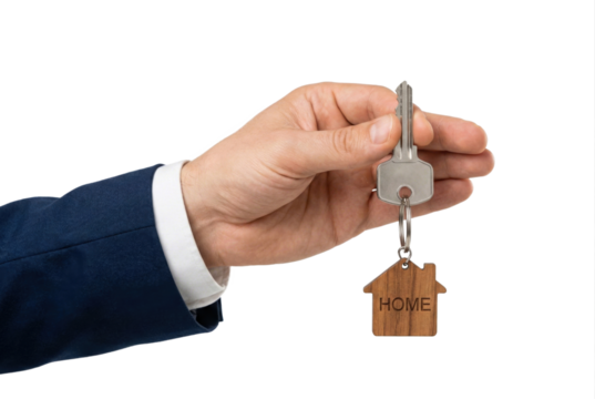 Hand Holding House Key With Wooden Home Keychain Real Estate