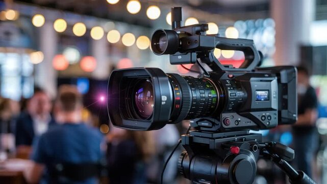 Professional video camera recording a live event with blurred background and bokeh, capturing storytelling and cinematic moments in a dynamic setting