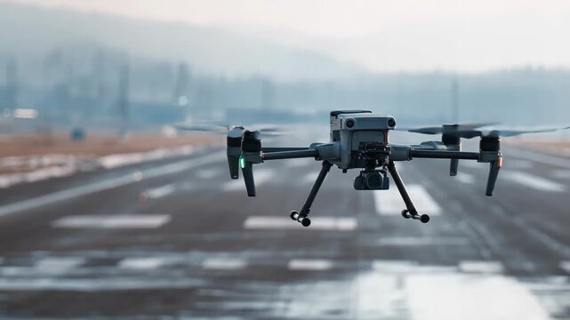 Medium shot showing a drone utilizing AIguided flight patterns to scan runway surfaces enhancing speed and accuracy in airport maintenance routines.