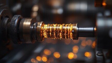 A close-up shot of a metallic cylinder radiating an intense orange glow, evoking themes of heat, energy, and futuristic technology. The reflective surface adds to the dramatic effect.