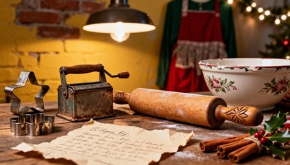 A nostalgic Christmas baking scene with vintage tools, warm light, handwritten recipes, and rustic textures creating a cozy holiday atmosphere in a traditional kitchen.
