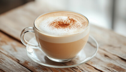 Obraz premium Cappuccino in transparent glass cup on wooden table