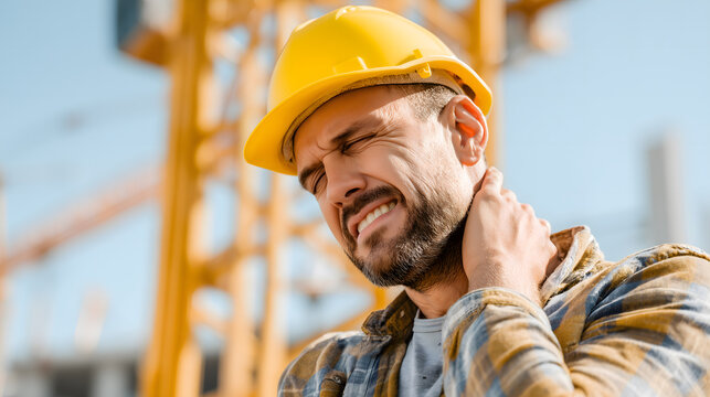 Un travailleur sur un chantier ressent de la douleur au cou et se frotte la nuque.