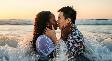 Romantic interracial couple kissing in the ocean at sunset with waves crashing around them, creating a sense of intimacy and connection during golden hour.