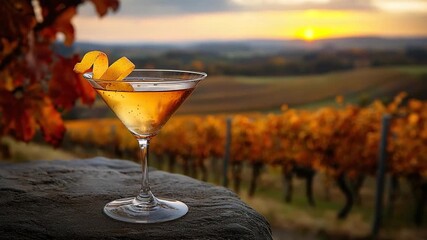 martini glass with ice cider and vineyard panorama video - Powered by Adobe