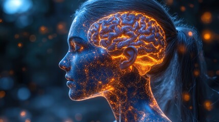 A portrait of a woman's face illuminated by vibrant blue and orange lightning, representing abstract concepts, ideas, and imagination. A powerful visual metaphor for creative thinking.