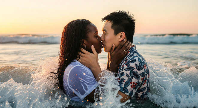 Romantic interracial couple kissing in the ocean at sunset with waves crashing around them, creating a sense of intimacy and connection during golden hour.