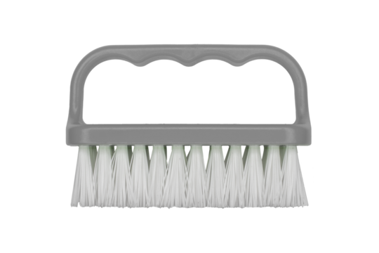 Gray plastic hand scrub brush is isolated.