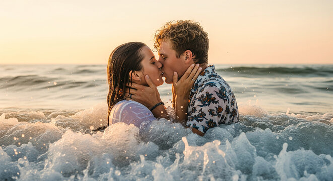 Romantic young couple kissing in the ocean waves at sunset, embracing each other with love and passion during a vacation getaway at the beach.