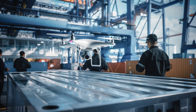 Drone hovers at a shipping yard, inspecting a container with workers in the background. Illustrates industry, technology, logistics, and automation, representing the future.