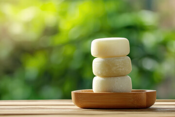 Solid shampoo bar zero waste concept with three natural shampoo bars stacked on wooden tray outdoors, eco friendly hair care product for sustainable lifestyle and plastic free bathroom routine