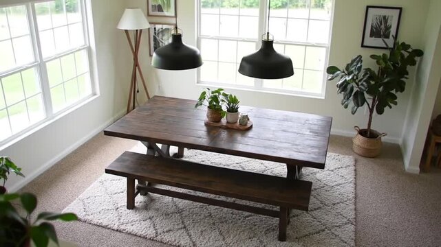 Rustic wooden dining table and bench set with plants and pendant lights.