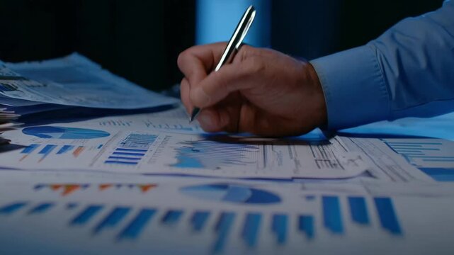 Medium shot of a financial analyst reviewing graphs and charts to assess global market influences on nonferrous alloy prices and production.