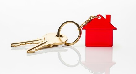 Golden keys with red house keychain on white background