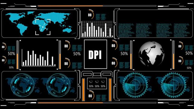 DPI Business, Technology, Internet and network concept. glowing HUD visuals and icons for marketing, innovation, targeting, growth, user data, and automation.
