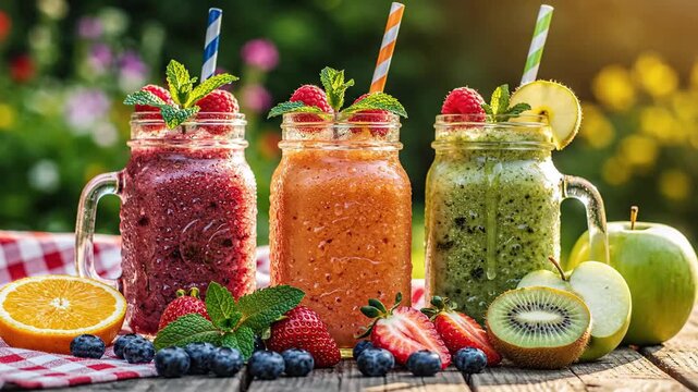 Refreshing fruity smoothies with fresh ingredients outdoors