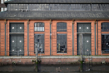 Nautic Vessels, Ships and Buildings at Hamburg Landungsbrücken. Fischauktionshalle. Silhouette.