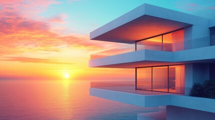 A contemporary skyscraper reflects the vibrant colors of a sunset over a calm ocean. This image evokes feelings of serenity, progress, and the beauty of urban landscapes meeting the natural world.