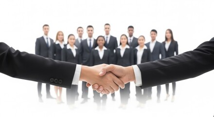 Professional business handshake symbolizing partnership and success with diverse team