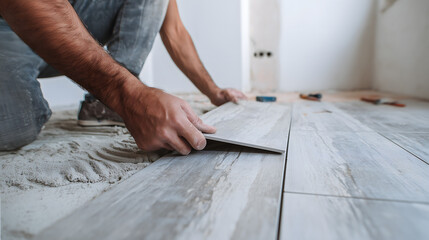 Pose de carreaux par un homme dans une maison en cours de r&eacute;novation.