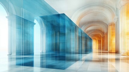 Fototapeta premium A grand, blue-tinted corridor features elegant arches, culminating in a vibrant orange-glowing archway within a classical building. Evokes a sense of mystery and architectural beauty.