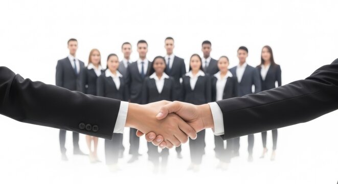 Professional business handshake symbolizing partnership and success with diverse team
