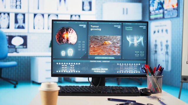 Professional and clean medical office awaiting a patient check up visit, equipped with diagnostic tools, emphasizing healthcare services and modern diagnostics. Medical service.