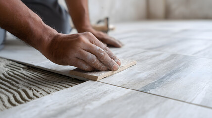 Pose de carrelage sur un sol avec une main qui utilise un outil pour lisser le joint.