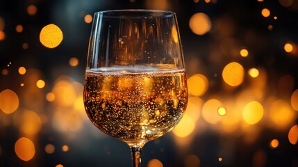 A luxurious glass of champagne with effervescent bubbles against a dark background. Perfect for celebrations, luxury, or premium beverage concepts.