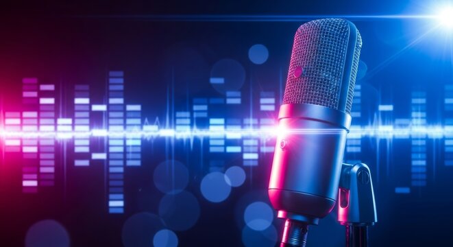 Studio microphone with dynamic neon audio equalizer background
