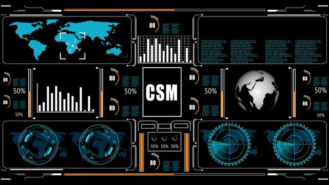 CSM Business, Technology, Internet and network concept. glowing HUD visuals and icons for marketing, innovation, targeting, growth, user data, and automation.