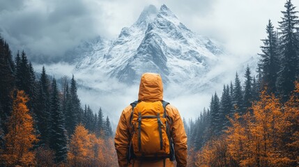 A solitary hiker pauses before a majestic, snow-capped mountain in a vibrant autumn forest. This image captures feelings of solitude, adventure, and the beauty of nature.