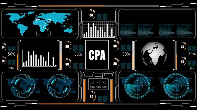 CPA Business, Technology, Internet and network concept. glowing HUD visuals and icons for marketing, innovation, targeting, growth, user data, and automation.