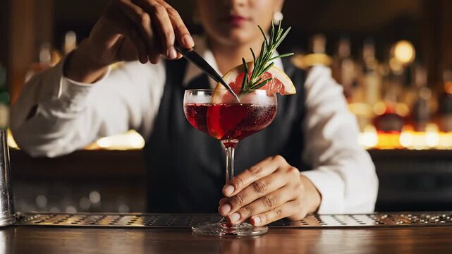 Person preparing beverage in bar with ice and mixer tool detail shot